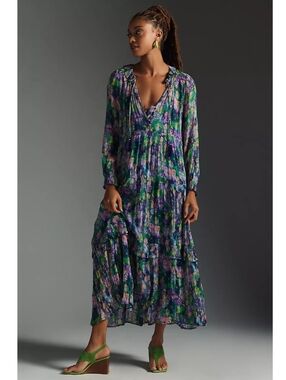 Anthropologie The Marais Printed Chiffon Maxi Tiered Dress Watercolor Purple